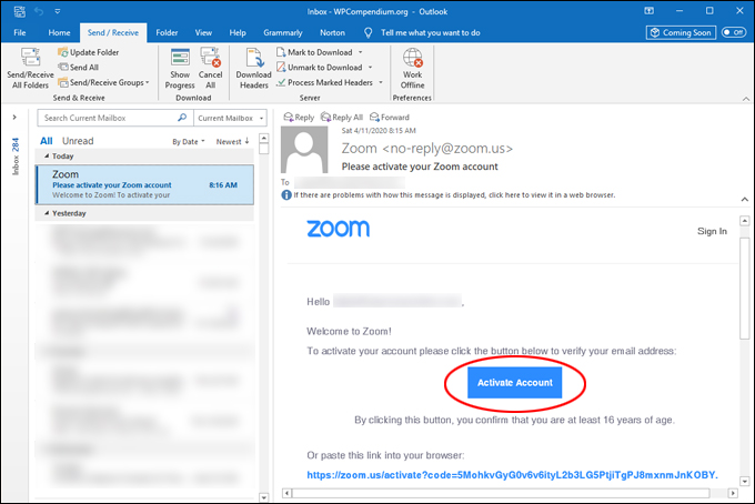 Activate Zoom account button in email