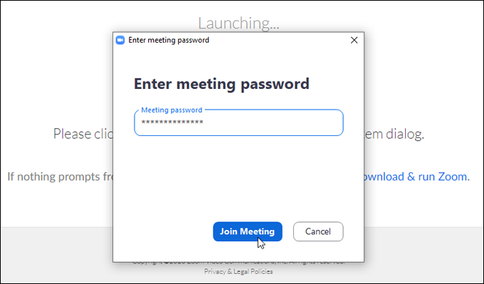 Zoom Meeting Password screen.